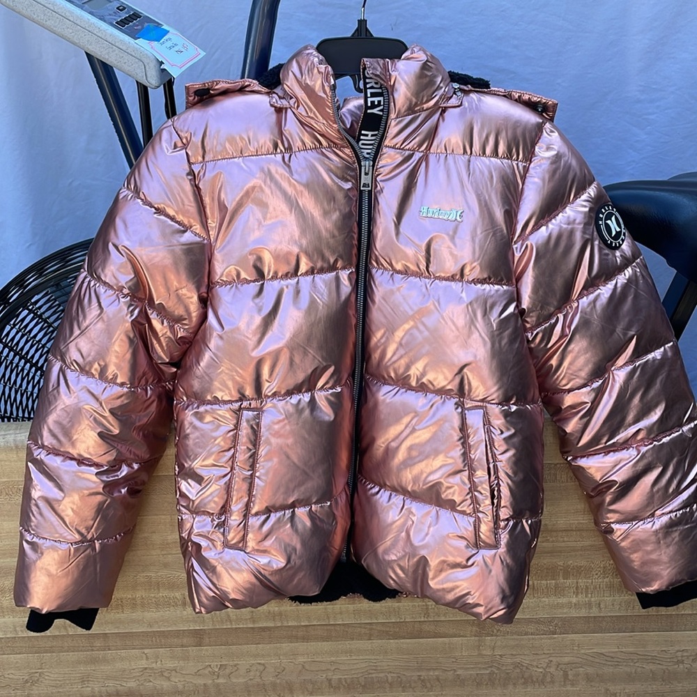 Girls Size Large Rose Gold Foil Hurley Coat